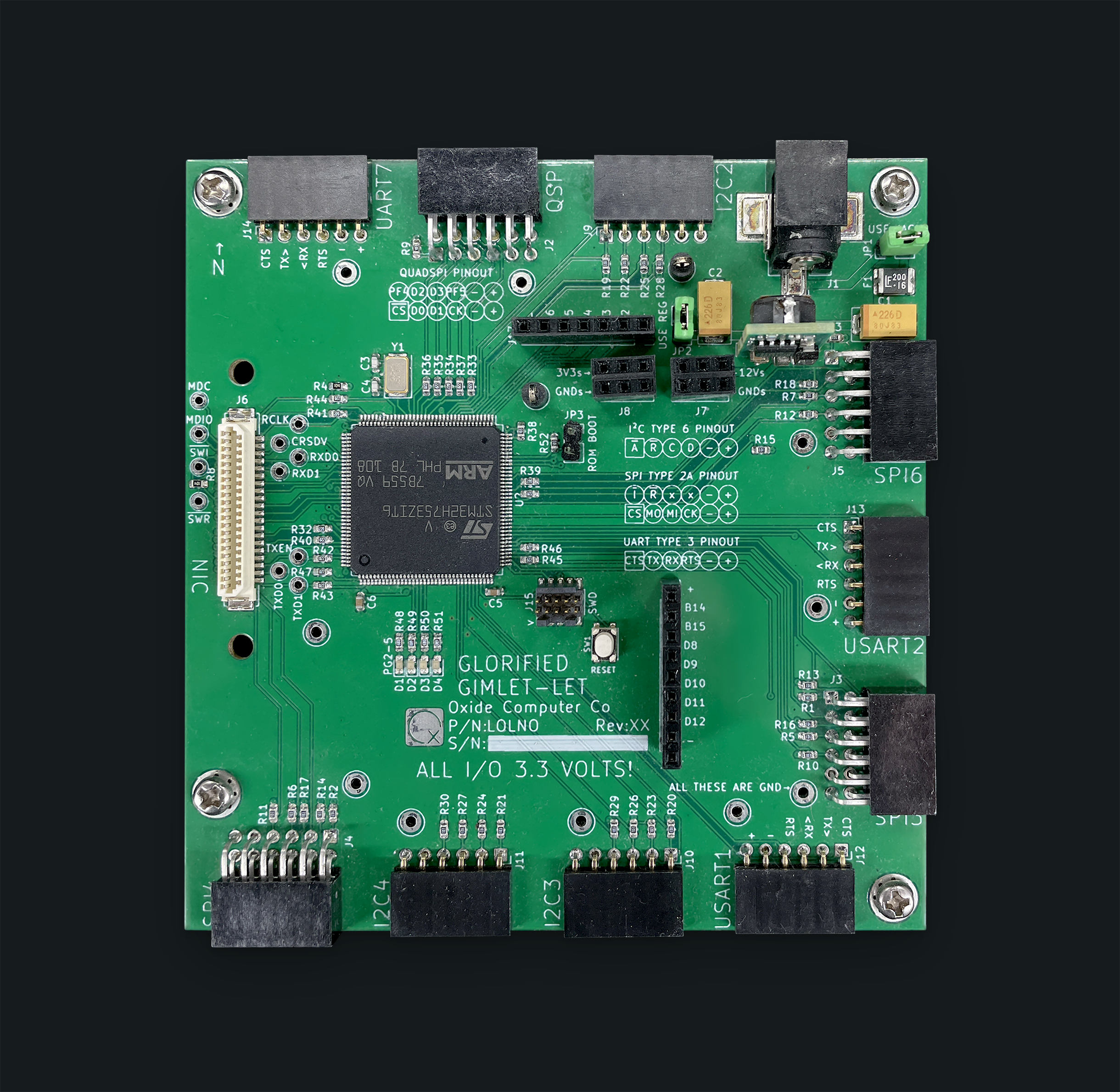 Custom STM32H7 board with I/O breakout to many PMOD interfaces